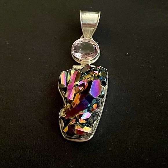 Sterling Silver Titanium rainbow natural crystal geode quartz amethyst pendant - Picture 2 of 8